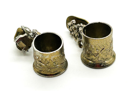 Vintage Silver Tone Tankard Clip On Earrings Novelty Beer Stein Mug Floral
