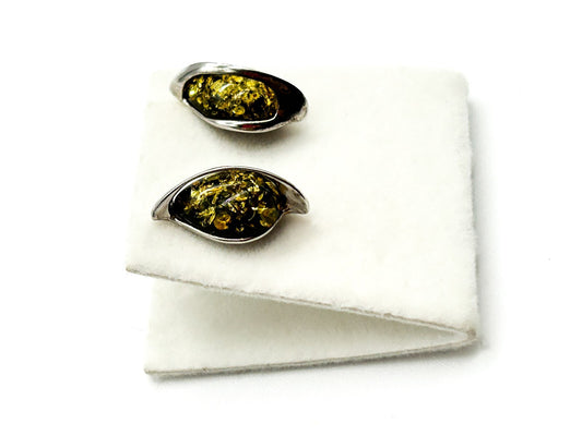925 Sterling Silver Genuine Green Baltic Amber Leaf Stud Earrings Tested
