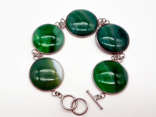925 Sterling Silver Plated Green Agate Link Bracelet Open Bezel Gemstone Toggle