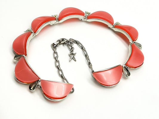 Vintage Star Signed Pink Thermoset Lucite Necklace 1950s Silver Tone Collar