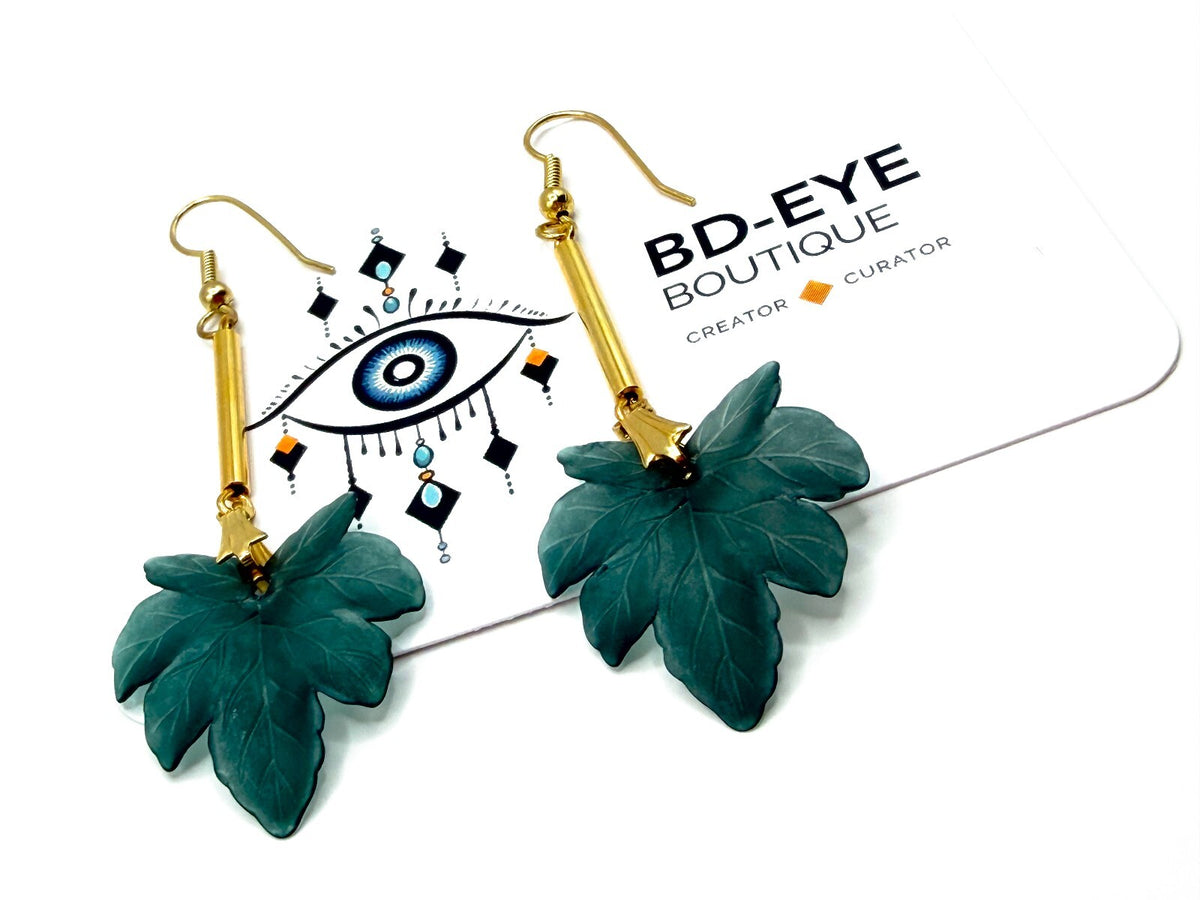 Teal Green Leaf Drop Earrings Gold Tone Vintage Deadstock Handmade Originals