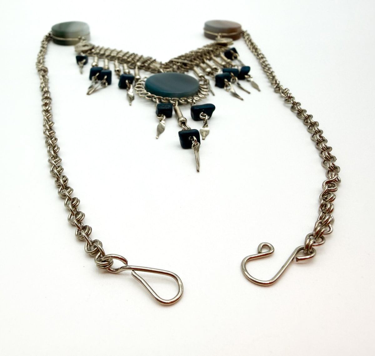 Peruvian Alpaca Silver Agate Lapis Lazuli Statement Necklace 17.5”