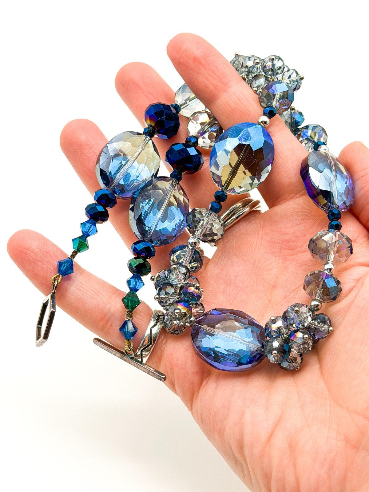 Midnight Blue Crystal Necklace AB Faceted Oval Beads Cha Cha Cluster Necklace