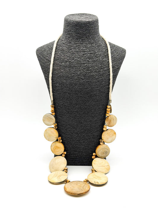 Bandolera Artisan Wooden Disc Necklace Long Statement Boho Natural Wood 19.5”