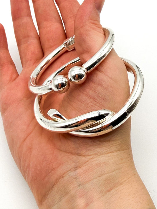 Silver Tone Hinged Bangle Bracelet Bundle Modern Torque and Knot Design x2
