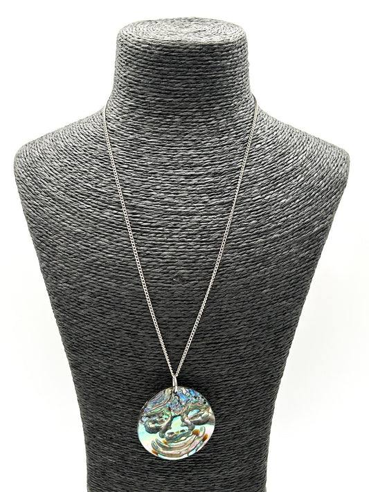 Carved Natural Paua Abalone Shell Face Pendant Necklace Iridescent Statement