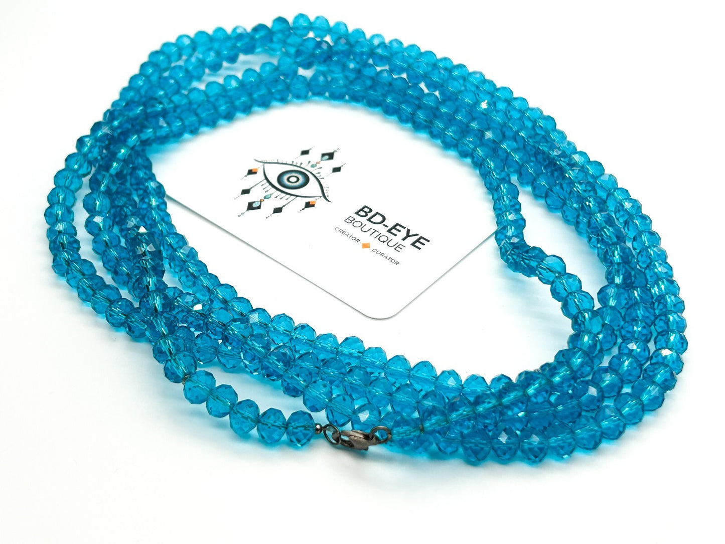 Long Aqua Blue Crystal Glass Bead Necklace Faceted Rondelle Multi Wrap 80”