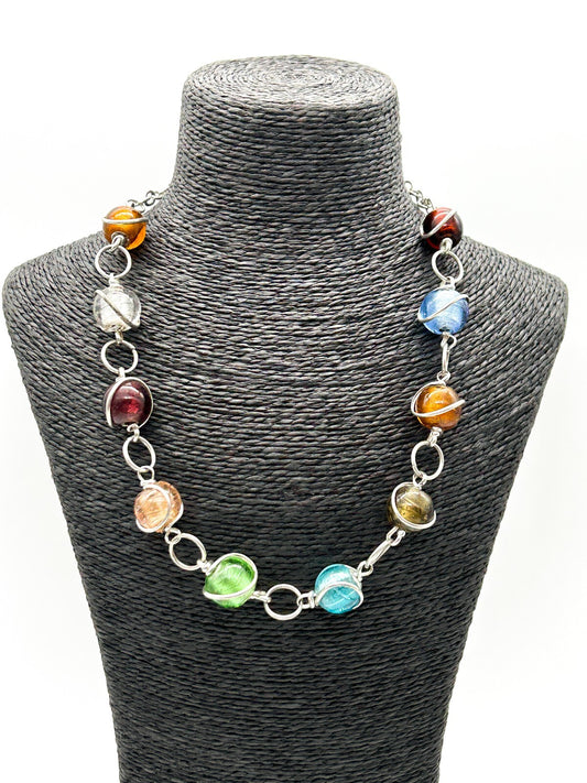 Vintage Multicolour Foil Art Glass Necklace Silver Tone Wrapped Beads Statement