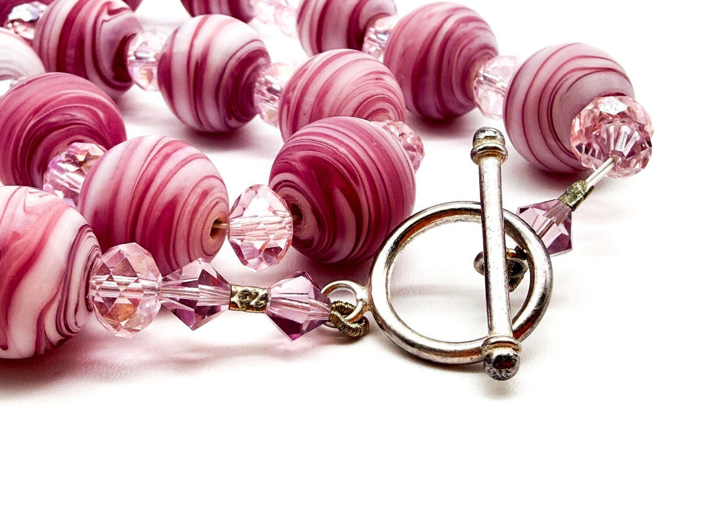 Pink Swirl Art Glass Bead Necklace Crystal Spacer Statement Toggle 18.5”