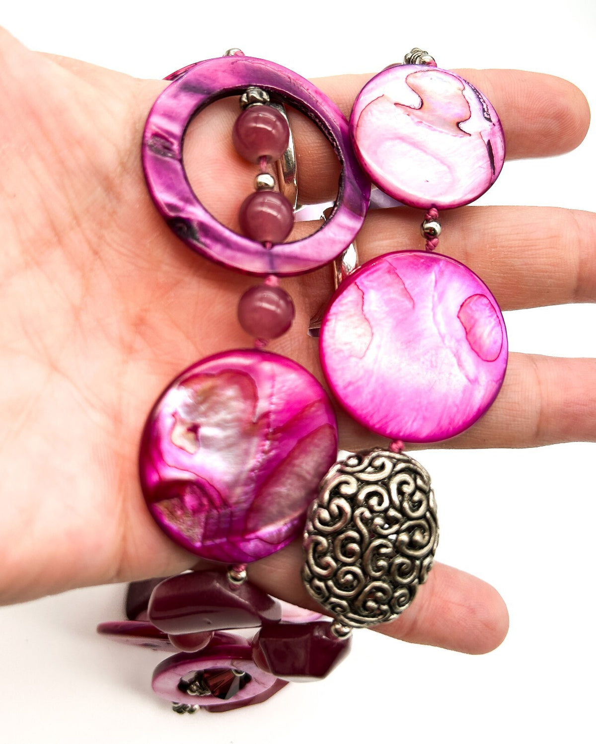 Hand Knotted Pink Shell Statement Necklace Magenta Purple Glass Boho