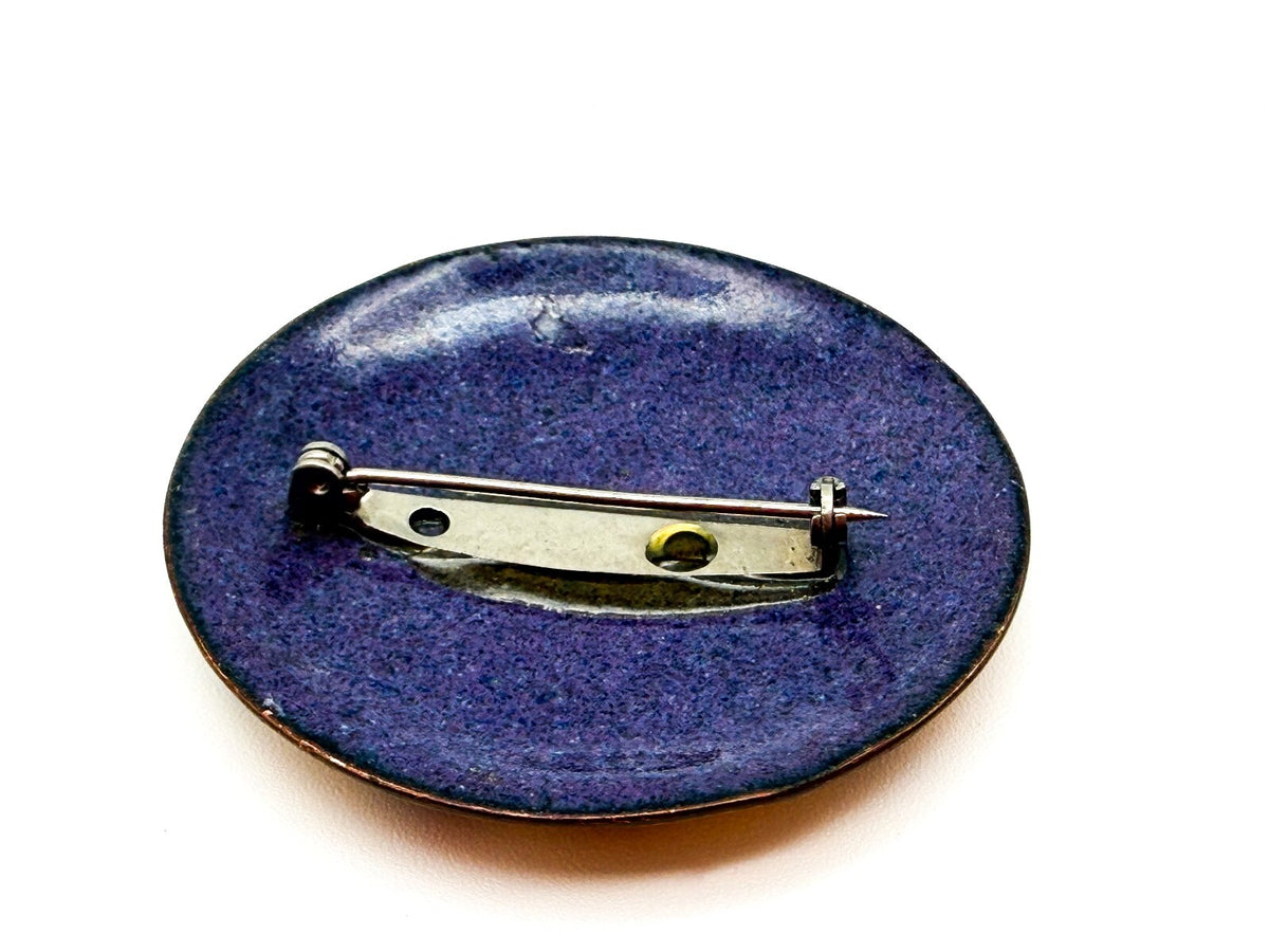 Vintage Enamel Ceramic Brooch Abstract Floral Swirl Round Statement Pin