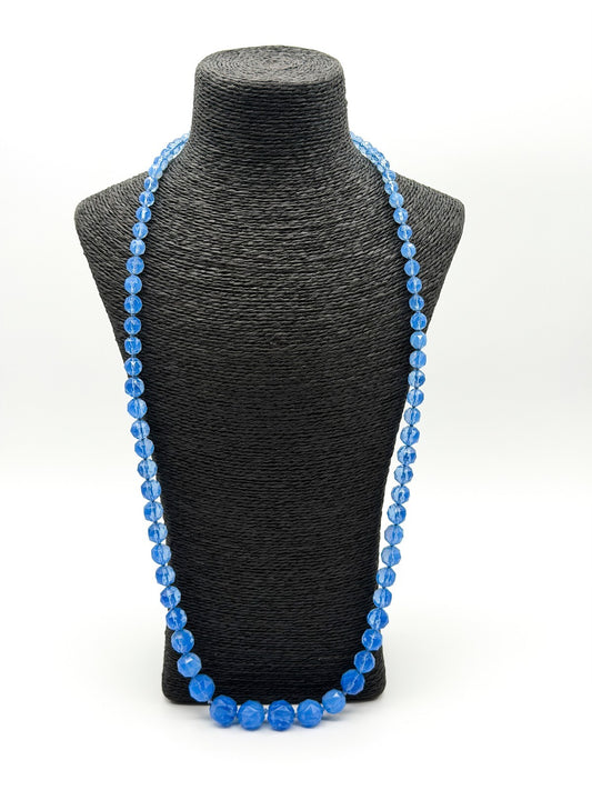 Vintage Long Blue Faceted Glass Bead Necklace Hand Knotted Continuous Strand