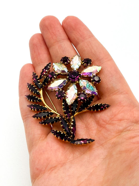 Vintage 1950s Aurora Borealis Purple Rhinestone Floral Brooch Gold Tone C Clasp