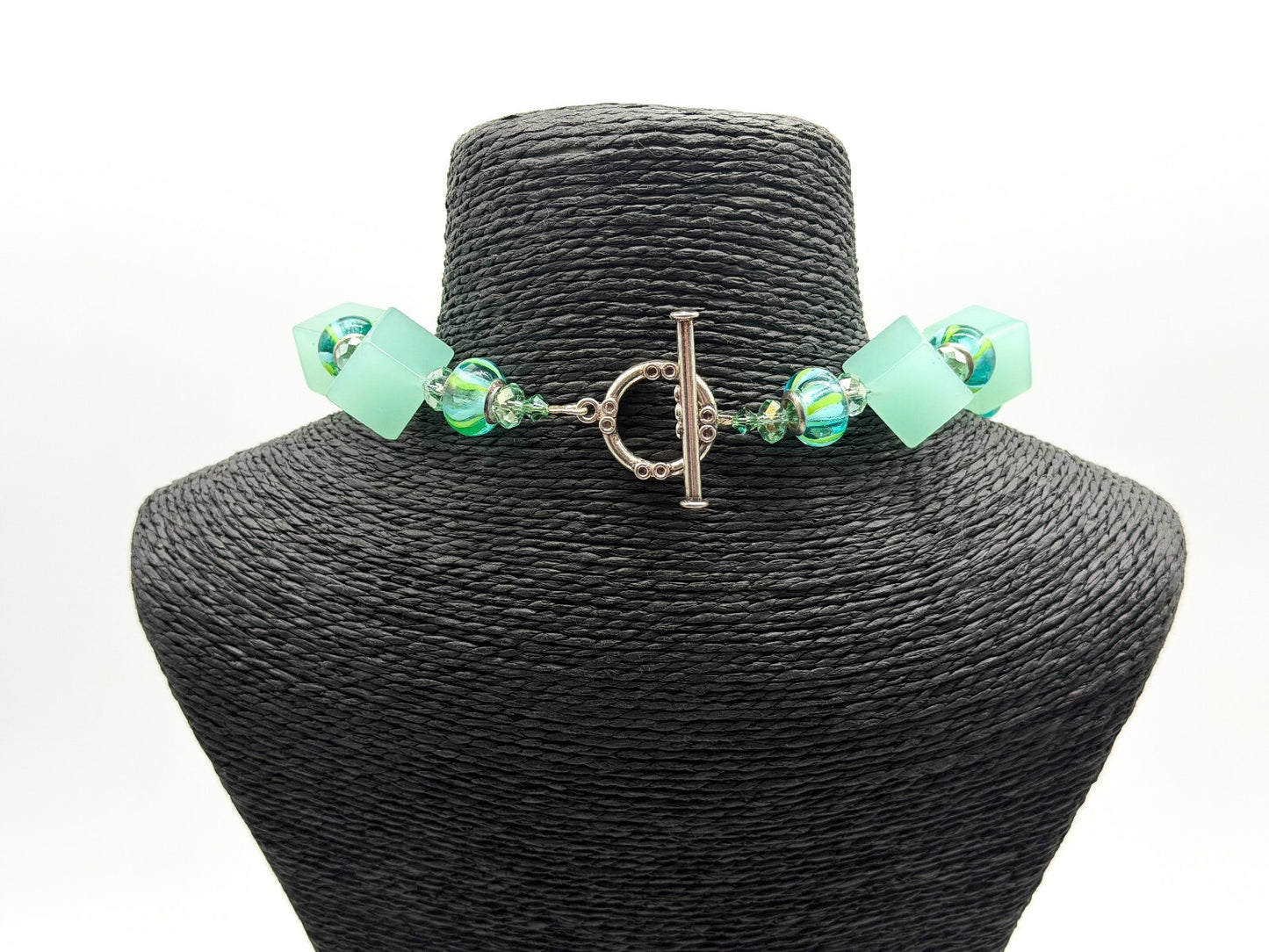 Chunky Mint Green Glass Statement Necklace Lampwork Glass Toggle Clasp