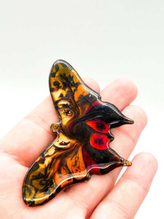 Vintage Glazed Ceramic Enamel Butterfly Brooch Amber Black Red Statement Pin