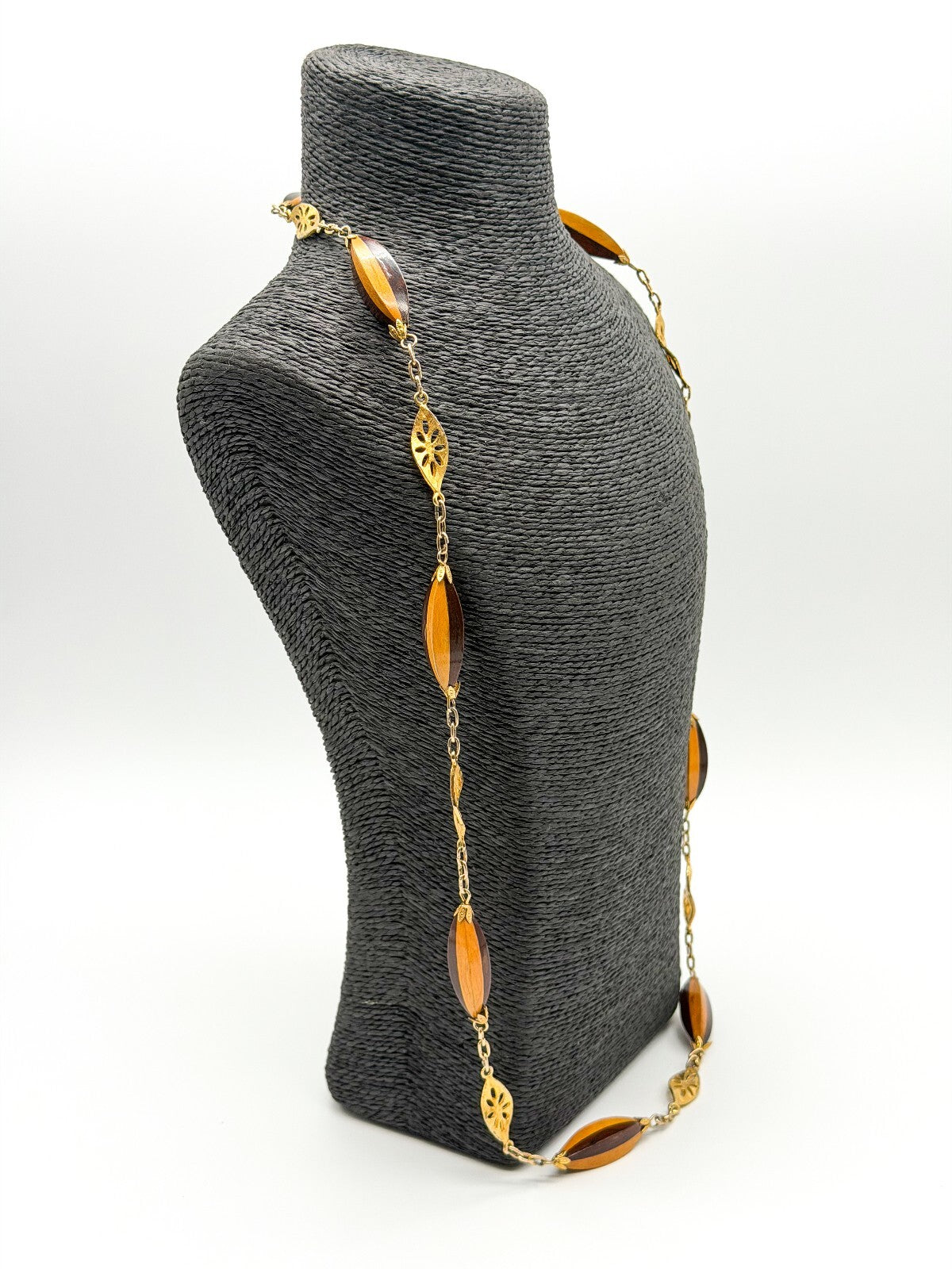 Vintage Two Tone Wood Necklace Gold Tone Openwork Floral Links Long