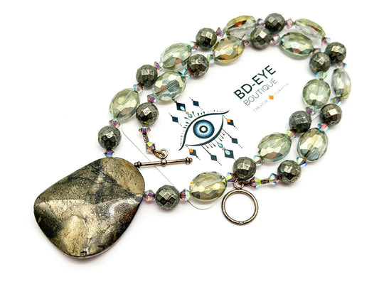 Natural Pyrite Statement Necklace Faceted Smoky AB Crystal Gemstone Pendant