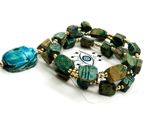 Vintage Egyptian Revival Scarab Necklace Blue Green Ceramic Beetle Pendant
