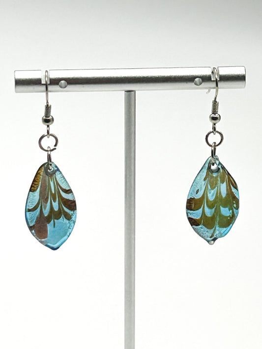 Vintage Blue Copper Metallic Art Glass Drop Earrings Teardrop Foil Glass Dangle