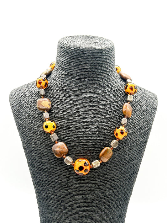 Vintage Jasper & Orange Spotted Glass Bead Necklace Leopard Print Style 19”