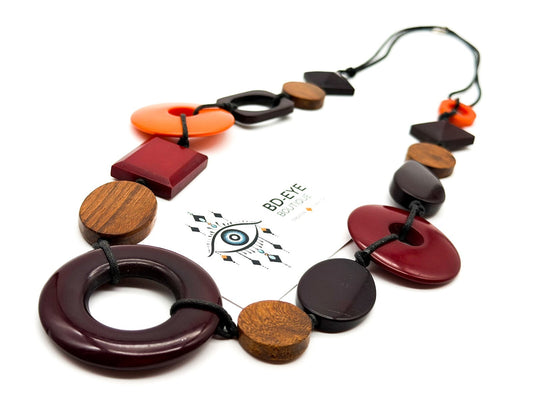 Fat Face Geometric Acrylic Statement Necklace Red Orange Brown Hand Knotted