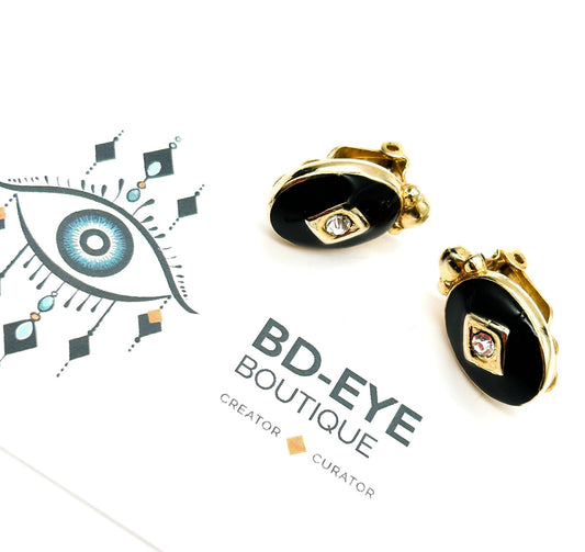 Vintage Gold Tone Black Enamel Clip On Earrings Clear Rhinestone Oval Deco Style