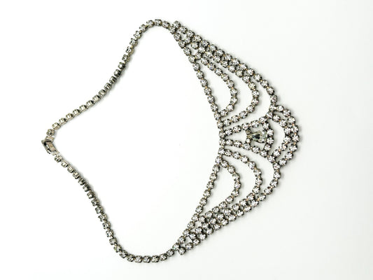 Vintage Rhinestone Bib Necklace Silver Tone Draped Cup Chain Bridal Statement