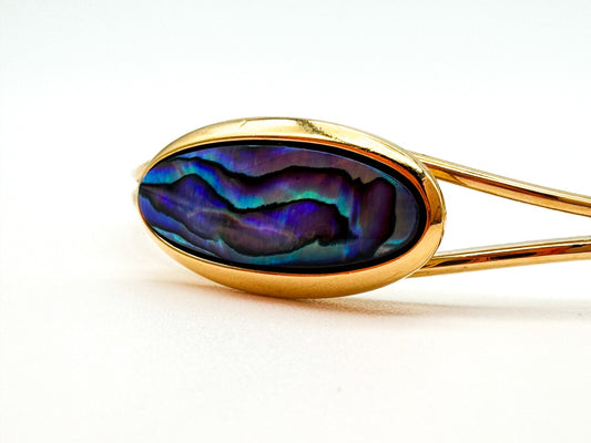 Gold Tone Abalone Paua Shell Torque Cuff Bangle Blue Green Iridescent Bracelet