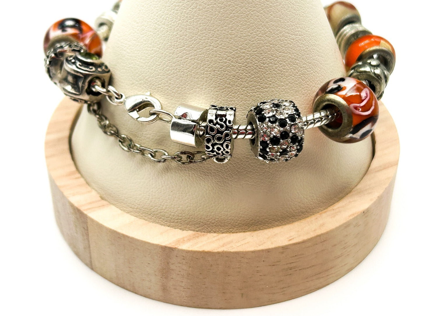 Orange Glass Charm Bracelet European Beads Yin Yang Dice 925 Sterling Charm
