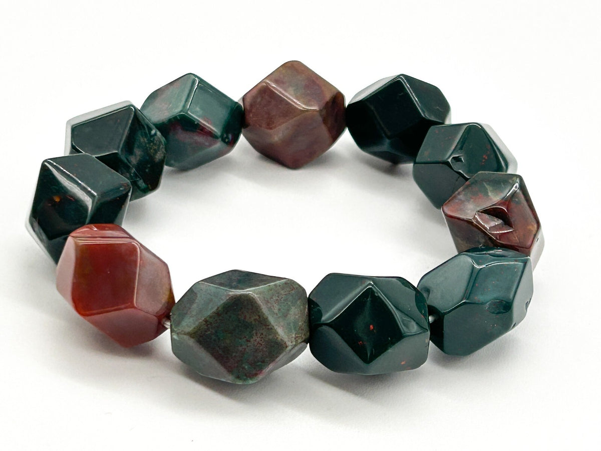 Chunky Bloodstone Jasper Stretch Bracelet Faceted Cube Gemstone Bracelet