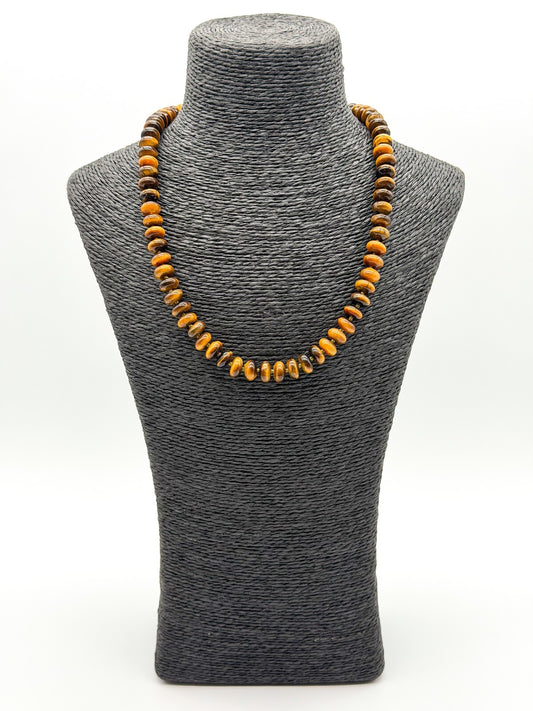 Tiger Eye Disc Bead Necklace Hand Knotted 925 Sterling Silver Clasp Boho 20" 66g