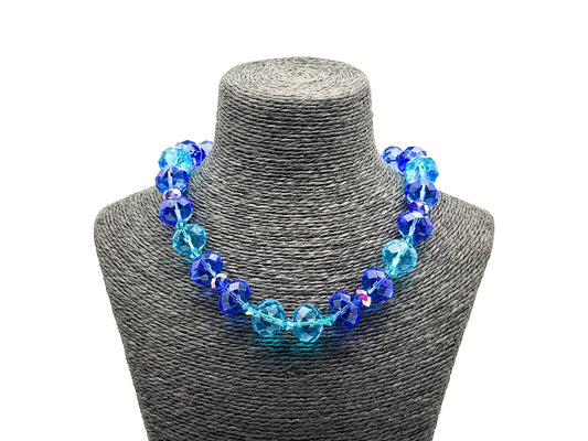 Chunky Cobalt Blue Turquoise Faceted Glass Statement Necklace Toggle 17.5”