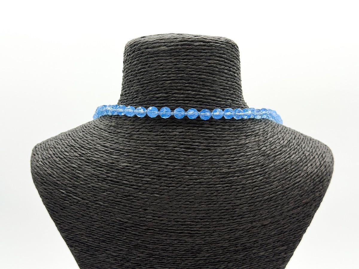 Vintage Long Blue Faceted Glass Bead Necklace Hand Knotted Continuous Strand