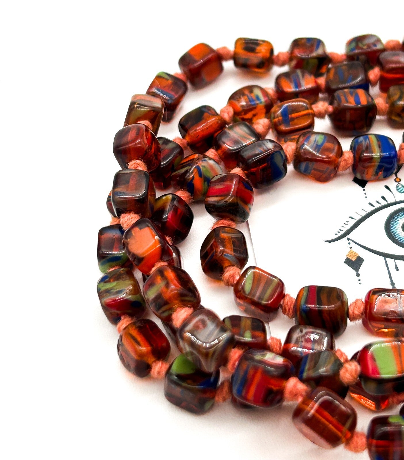 Vintage Orange Czech Art Glass Hand Knotted Necklace Blue Green Spatter Cubes
