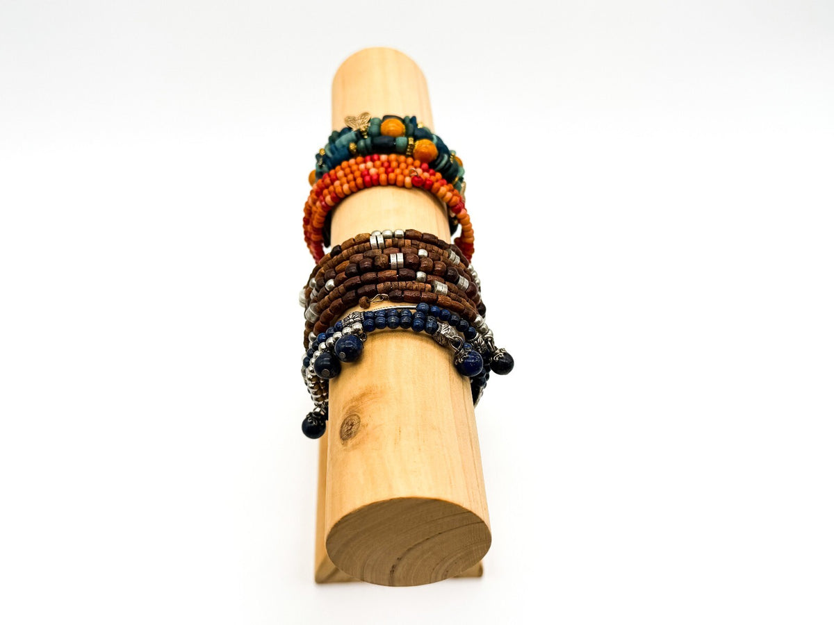 Boho Memory Wire Bracelet Bundle Set 4 Lapis Lazuli Wood Beaded Stack Bracelets