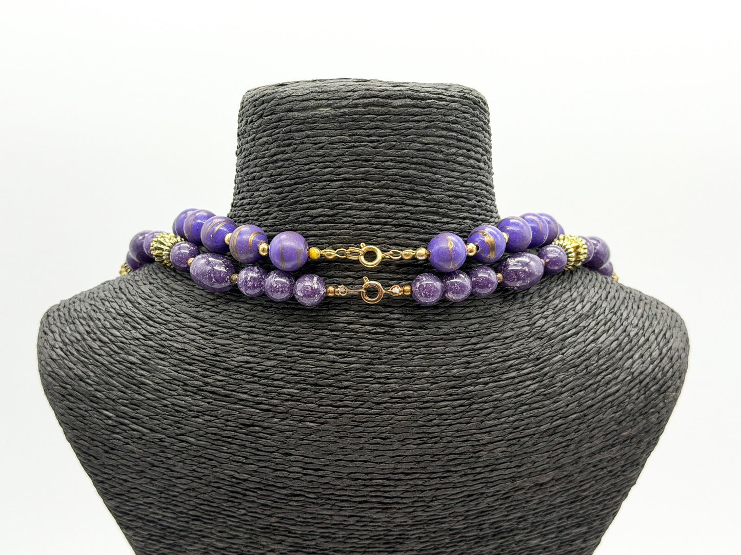 Vintage Purple Marbled Acrylic Bead Necklaces Gold Swirl Beads Necklace Duo