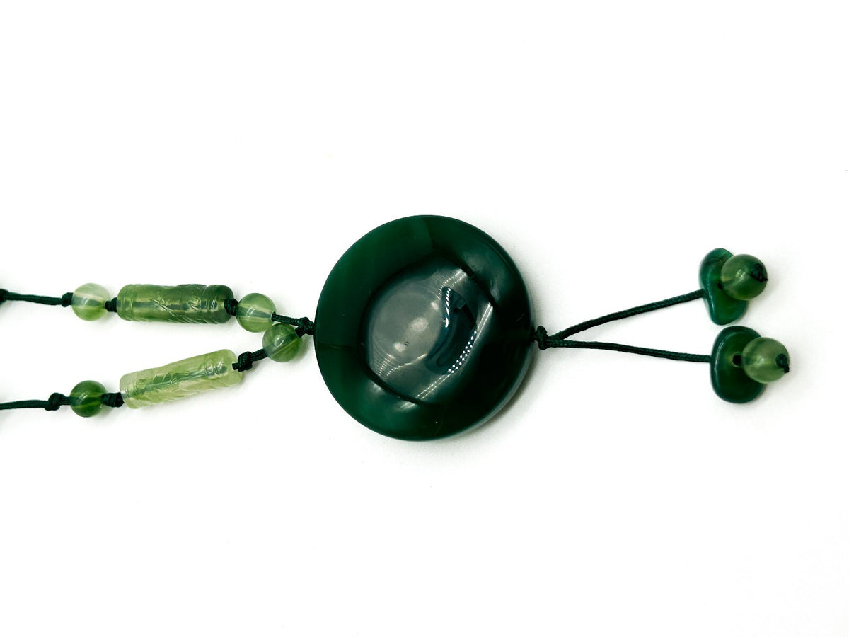 Vintage Green Aventurine Necklace Macrame Disc Pendant Boho Gemstone Tassel