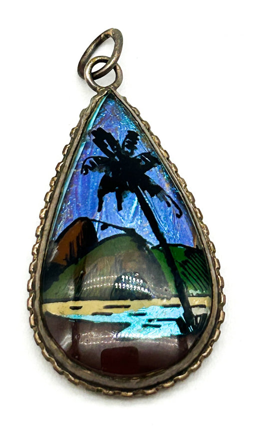 Vintage Morpho Butterfly Wing Pendant Brazil Bubble Glass Deco Reverse Painted