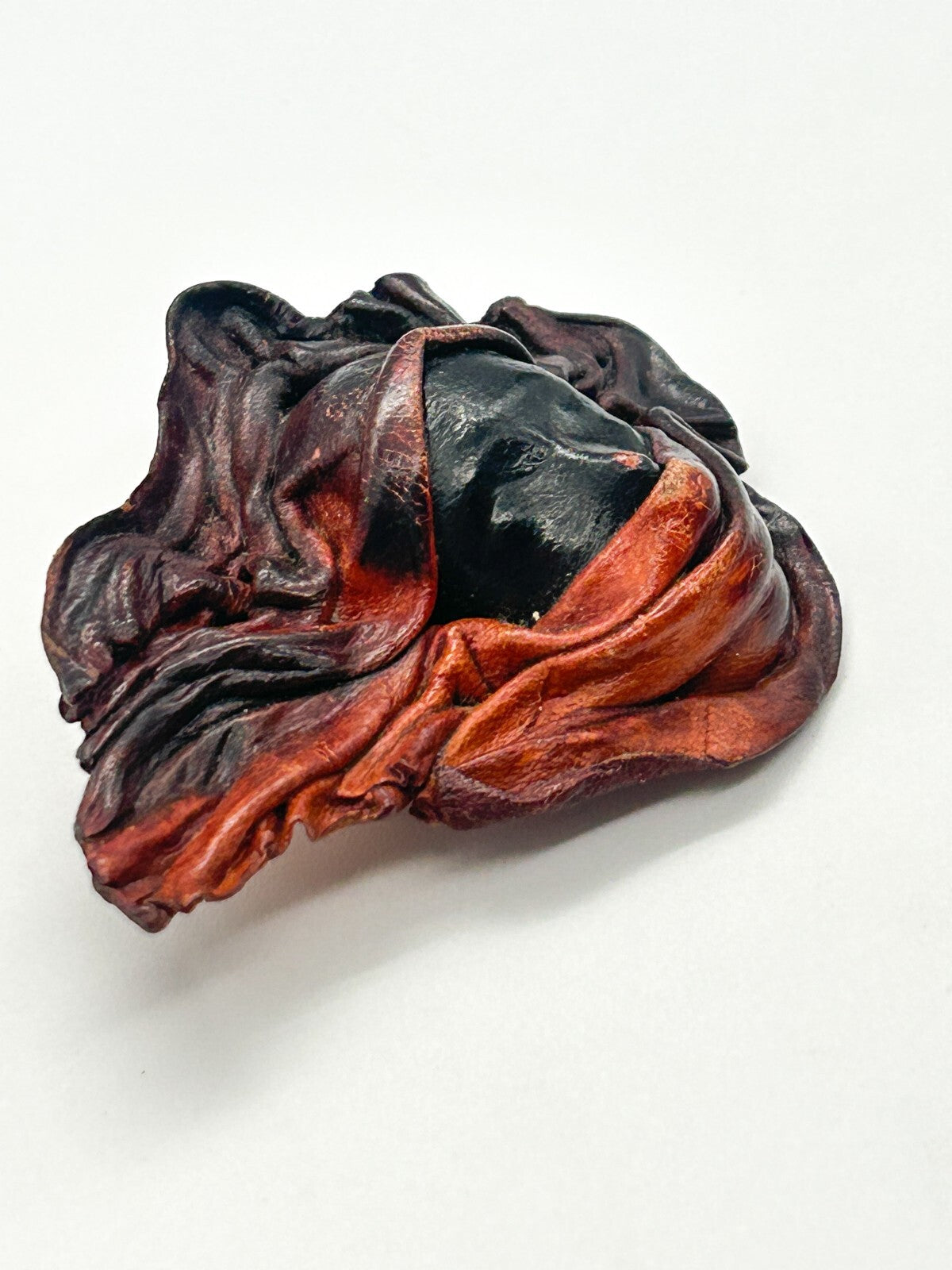 Vintage Hand Moulded Leather Veiled Face Brooch Artisan Sculpted Figural Pin