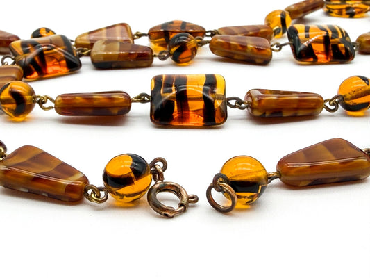 Vintage Amber Art Glass Necklace Givre Black Stripe Geometric Beads 24.5 Inch