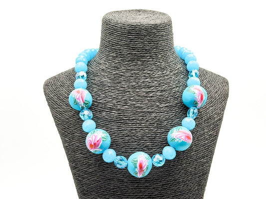 Blue Floral Statement Necklace Polymer Clay Rose Beads Faceted Glass Artisan