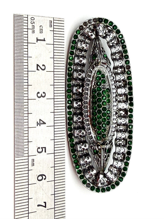 Vintage Art Deco Style Green Rhinestone Filigree Brooch Silver Tone Signed 468