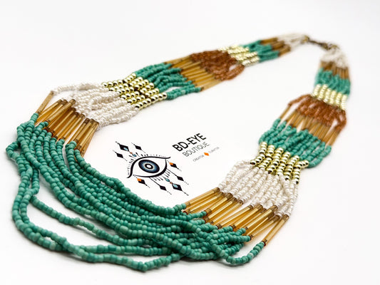 Boho Multi Strand Turquoise White Beaded Necklace Gold Tone Statement Festival