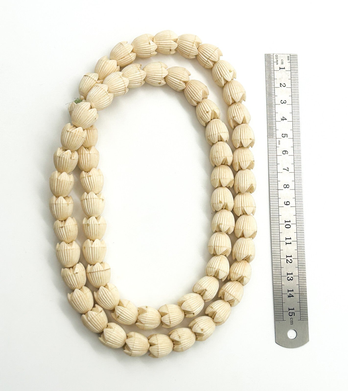 Vintage Carved Celluloid Flower Bud Necklace Cream Ribbed Bead Long Strand