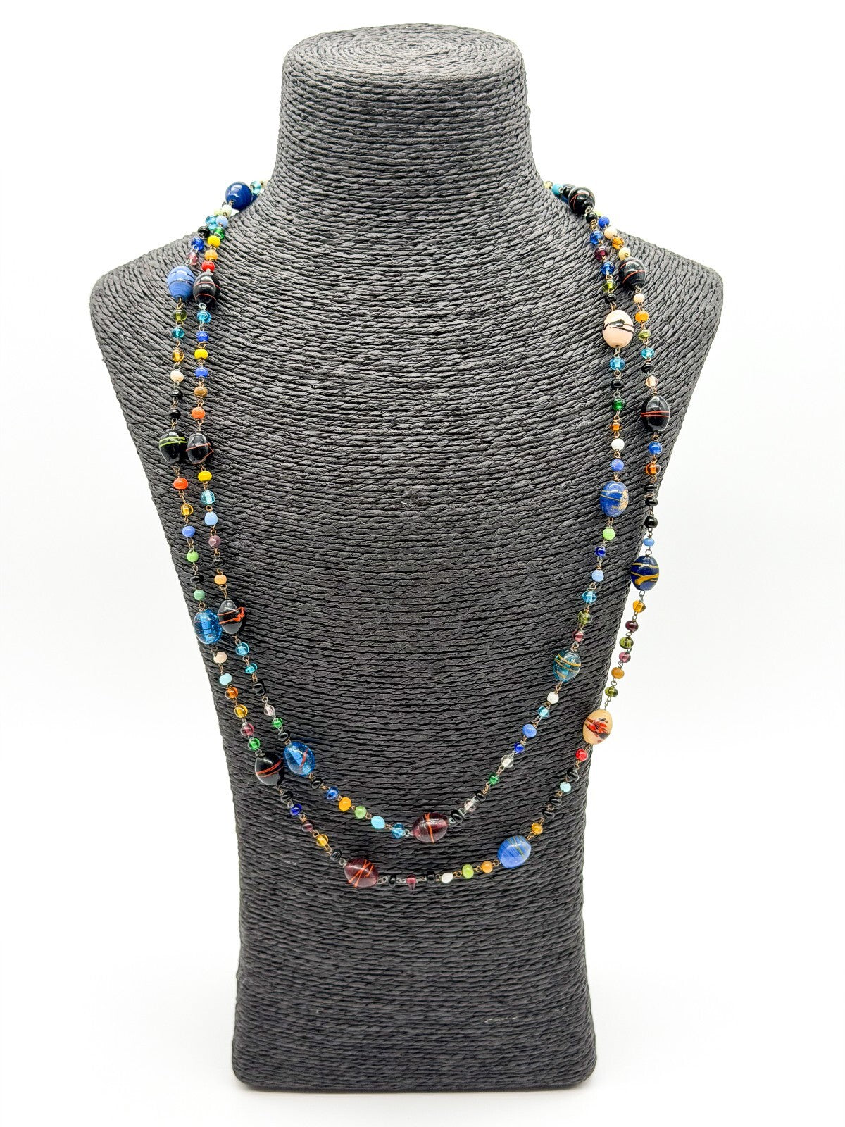 Vintage Murano Glass Necklace Italian Art Glass Flapper Blue Lampwork 26.5”