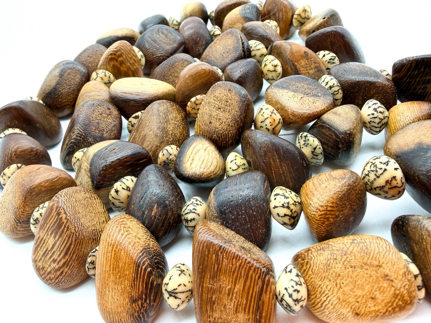 Vintage Wood & Tagua Nut Statement Necklace Long Boho Natural Wooden Beads