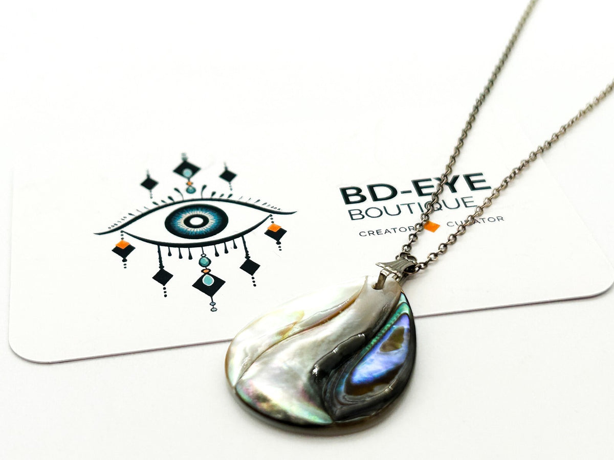 Vintage Sterling Silver Chain Abalone Mother of Pearl Teardrop Pendant Necklace