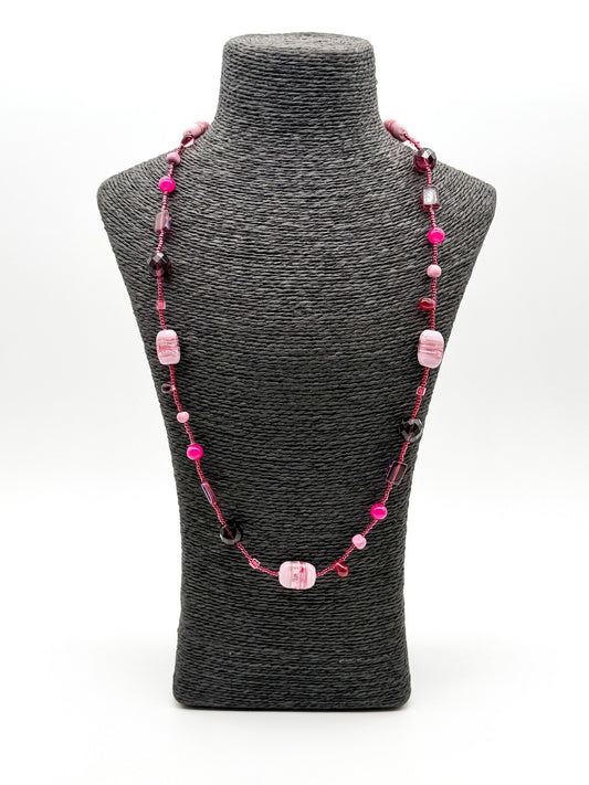 Murano Style Pink Art Glass Necklace Venetian Foil Beads Continuous Strand