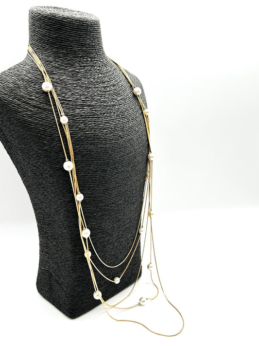 Vintage Gold Tone Multi Strand Snake Chain Necklace Faux Pearl Long Layered