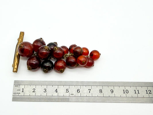 Vintage Cha Cha Lucite Grape Cluster Brooch Red Berry Gold Tone Pin 3.5 Inch